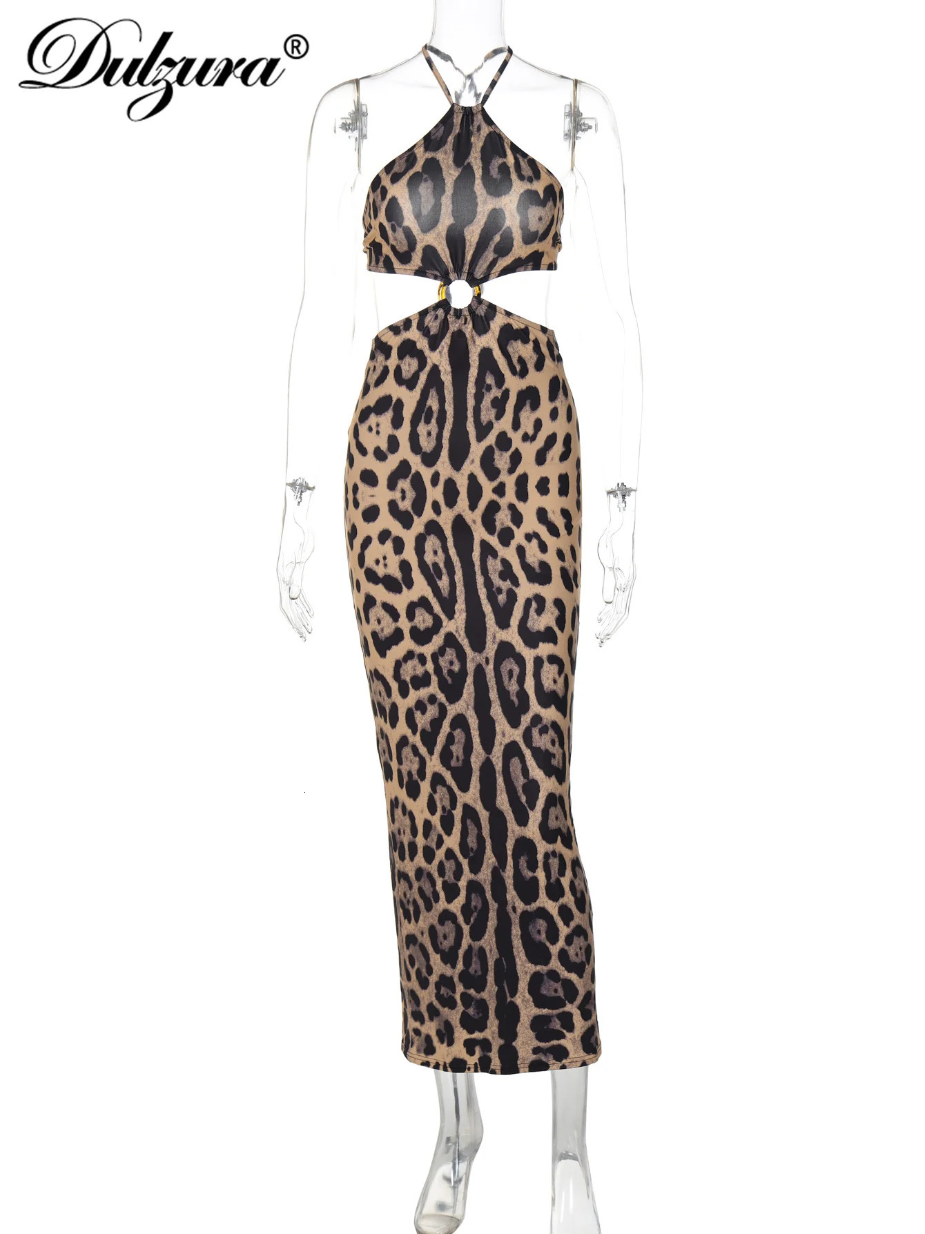 Dulzura Leopard Sleeveless Halter Hollow Out Backless Midi Dress With Button Womens Sexy Outfit Party Clubwear Autumn Winter 250207