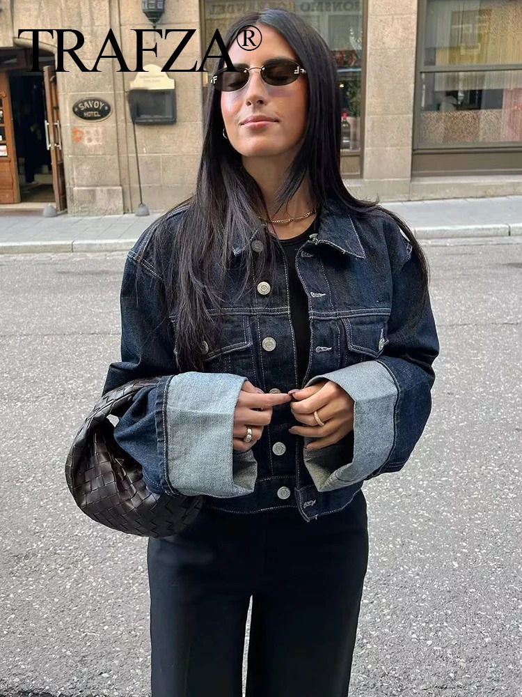 TEAFZA Vintage Women Patchwork Denim Jacket Pant Sets Long Sleeve Cropped CoatHigh Waist Wide Leg Pants Streetwear Suit 250207