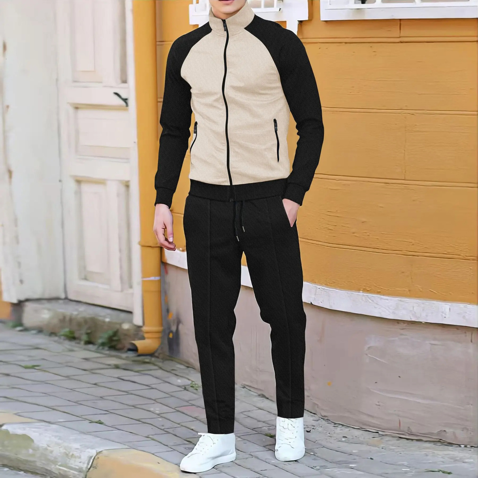 Spring and autumn mens casual suit fashion color contrast with rotator sleeve high neck jacket trousers casual outdoor sports 250208