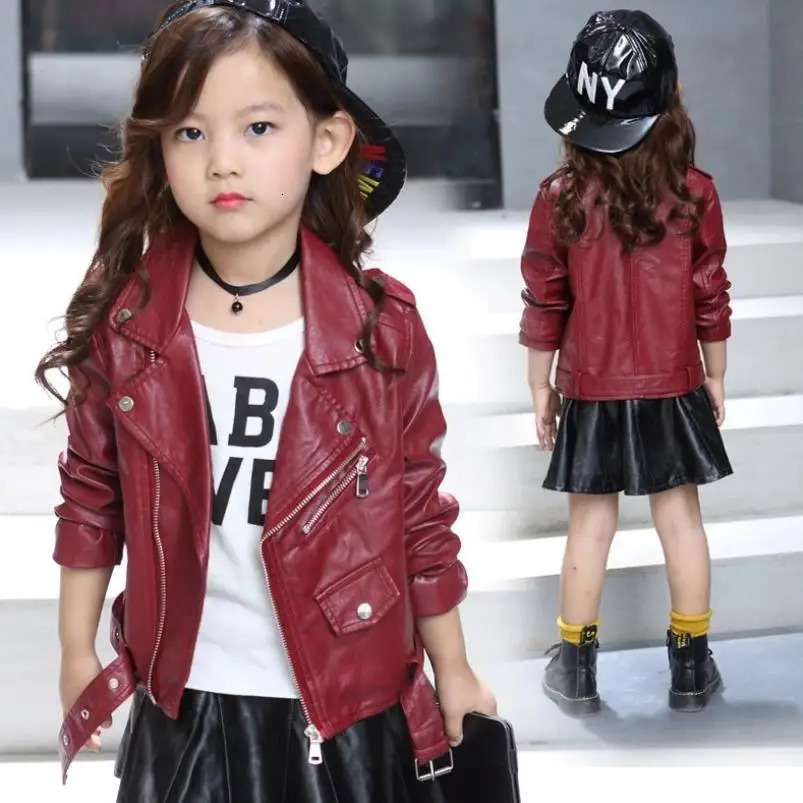 Autumn Winter Baby Girls Solid color lapel PU leather Kids Fashion Leather Jackets Children Outerwear Clothes 3-12Y 250113