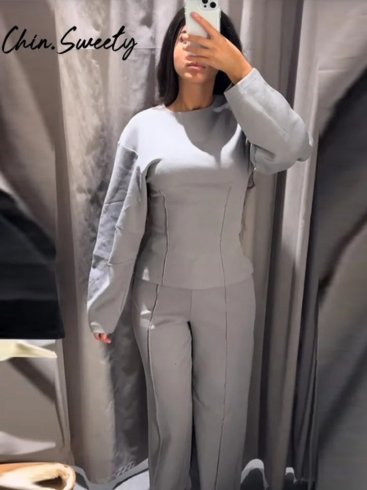 Casual Solid Top Pants Women Set Fashion Long Sleeve O-neck Pleated Tops Wide Leg Trousers Autumn Vacation Lady Suit 250207