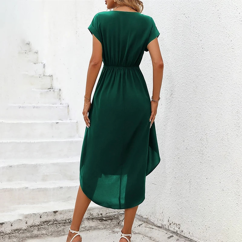 Womens V Neck Bow Tiered Ruffle Dress 2024 Summer Vintage Short Sleeve Layered Aline Swing Midi Robe Sexy Green Sunderss 250207