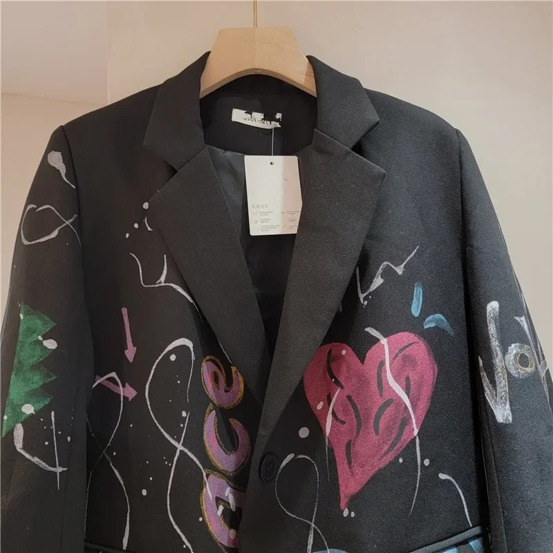 YEAE Autumn foreign style graffiti printing feels personalized suit jacket loose versatile top 250207