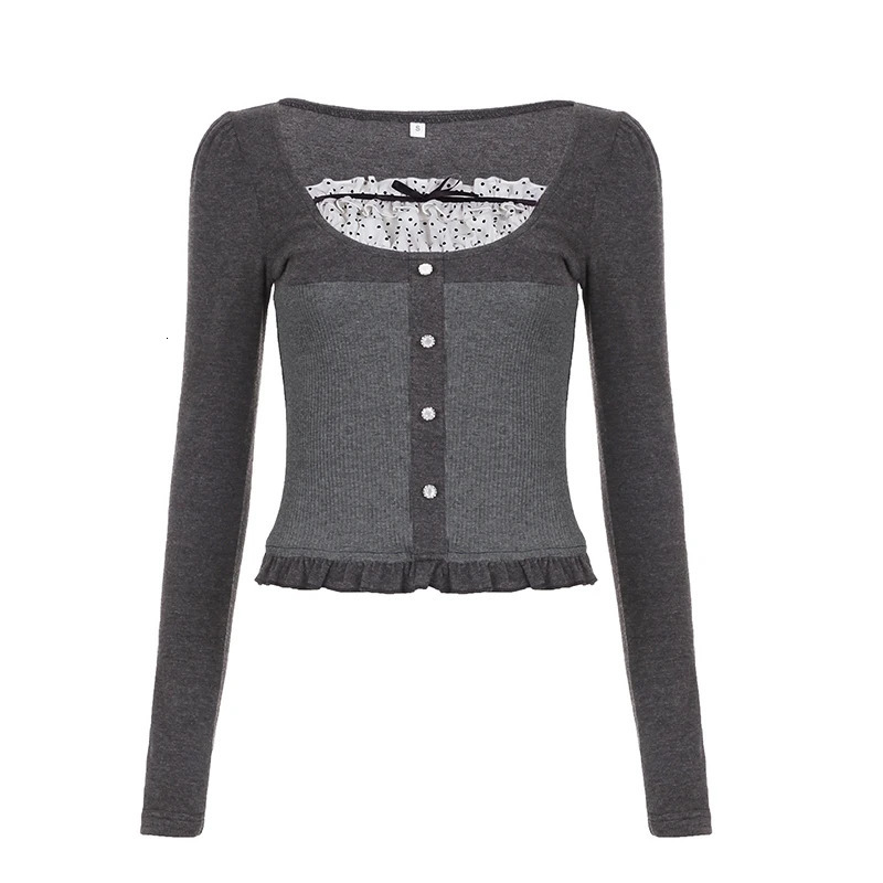 CIBBAR Vintage Bow Stitched Knitted T-shirt Cute Ruched Patchwork Sweet y2k Crop Top for Women Autumn Fairycore Casual T Shirts 250207