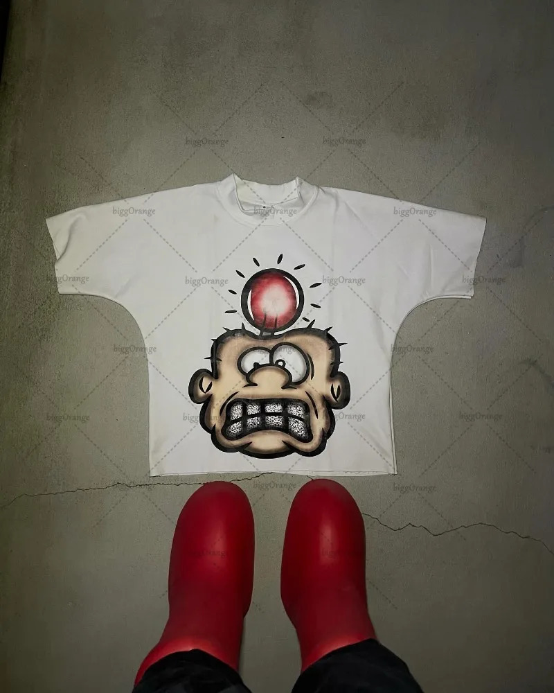 European and American High Street Anime Print Oversized T-shirt Y2K Harajuku Punk Casual Top Men Trendy Retro Short-sleeved 250208