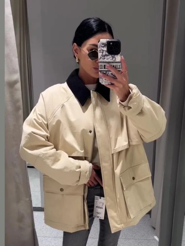 Contrast Lapel Womens Jackets Casual Long Sleeve Zipper Pocket Female Coats 2024 Autumn Winter Fashion Lady Streetwear Outwears 250208Z