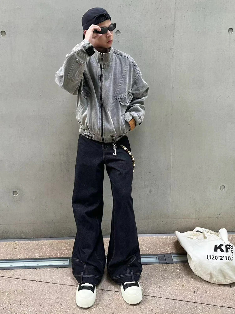 REDDACHIC Upside Down Men Cargo Denim Jacket Patchwork Multipocket Wash Do Old Stand Collar Zipup Coat Moto Vintage Outerwear 250207