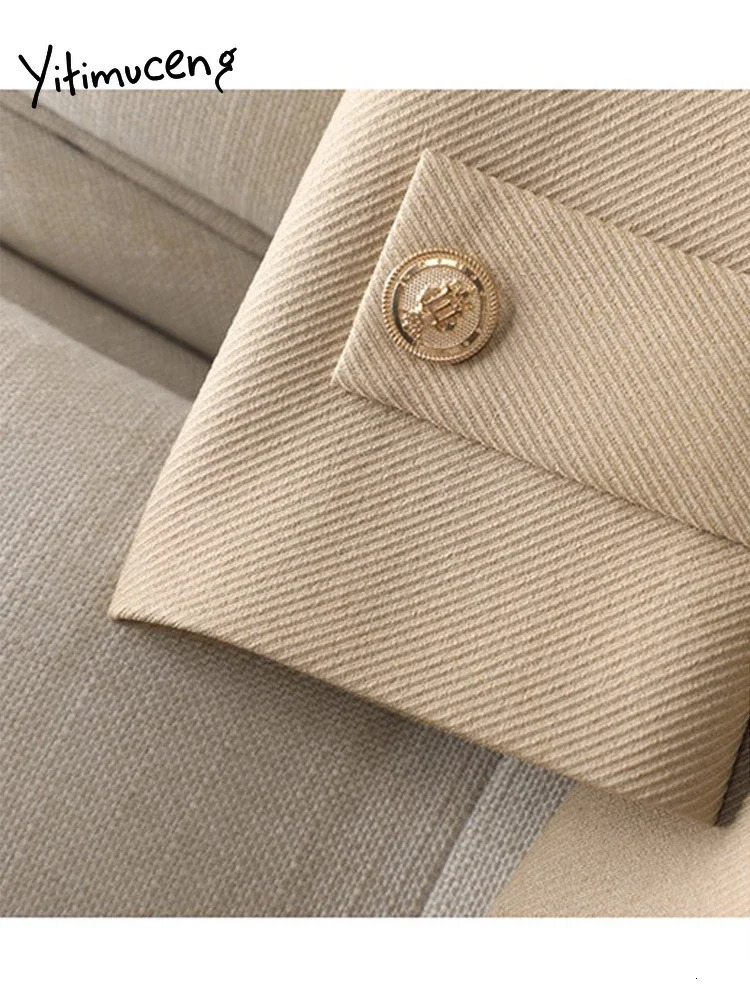 Yitimuceng Turn Down Collar Blazers for Women Fashion Solid Casual Double Breasted Coats Office Ladies Long Sleeve Jacket 250208