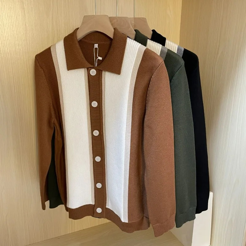 Mens clothing fashionable contrasting color patches buttons sweaters cardigans winter polo collars long sleeves loose knit jackets 250207