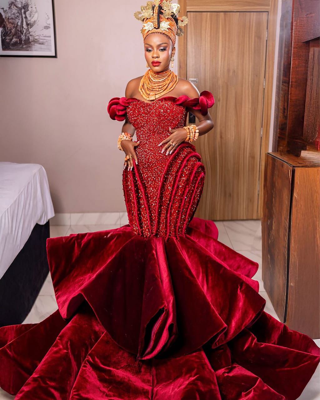 Aso Ebi Red Mermaid Prom Dresses 2025 Velvet Beaded Crystals Sweetheart Evening Formal Party Second Birthday Engagement Gowns Plus Size Dress For Spec