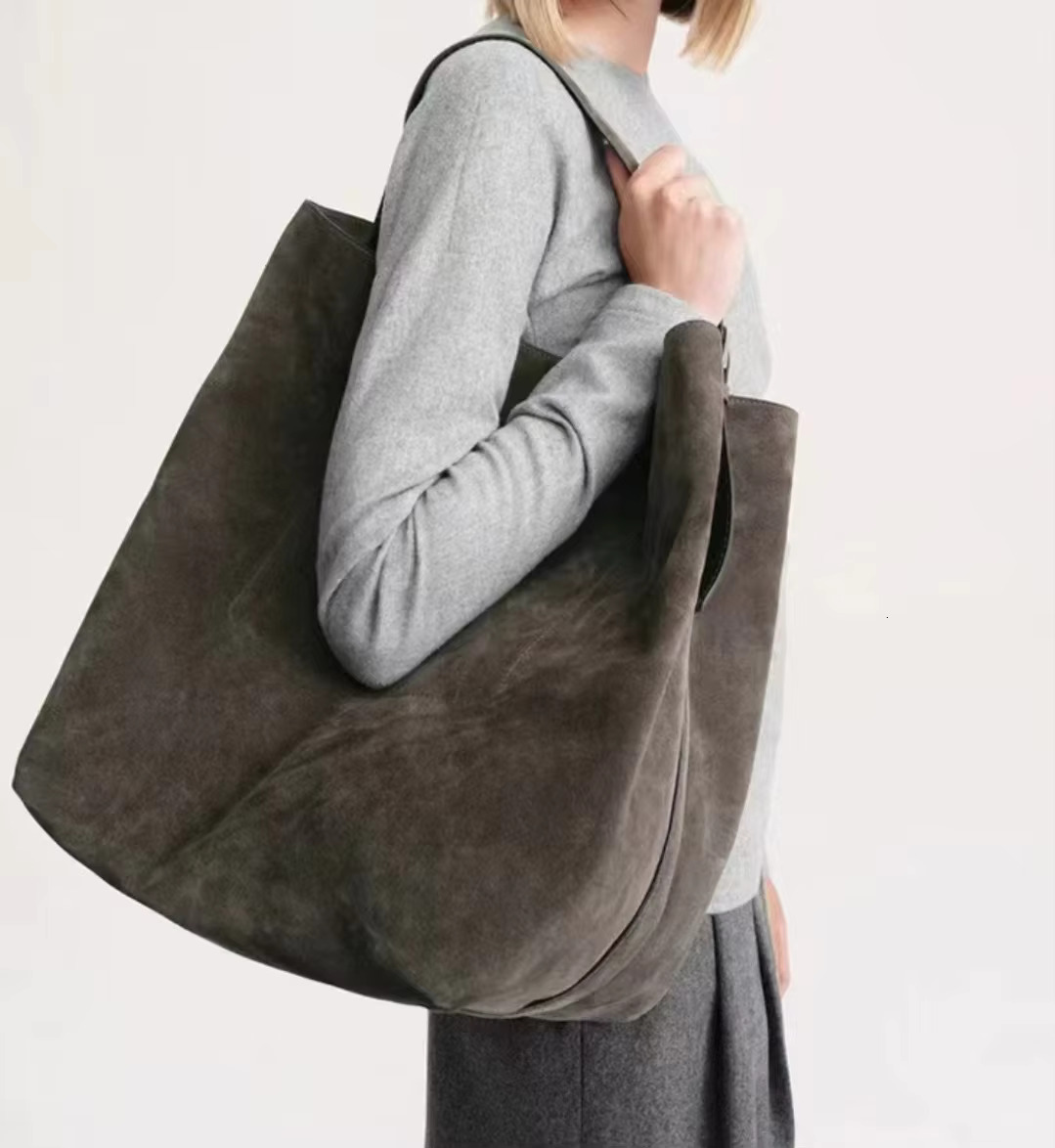 Jenny&Dave Minimalist Vintage Suede Frosted Cowhide Bucket Genuine Leather Commuter Large Capacity Tote Bag Women