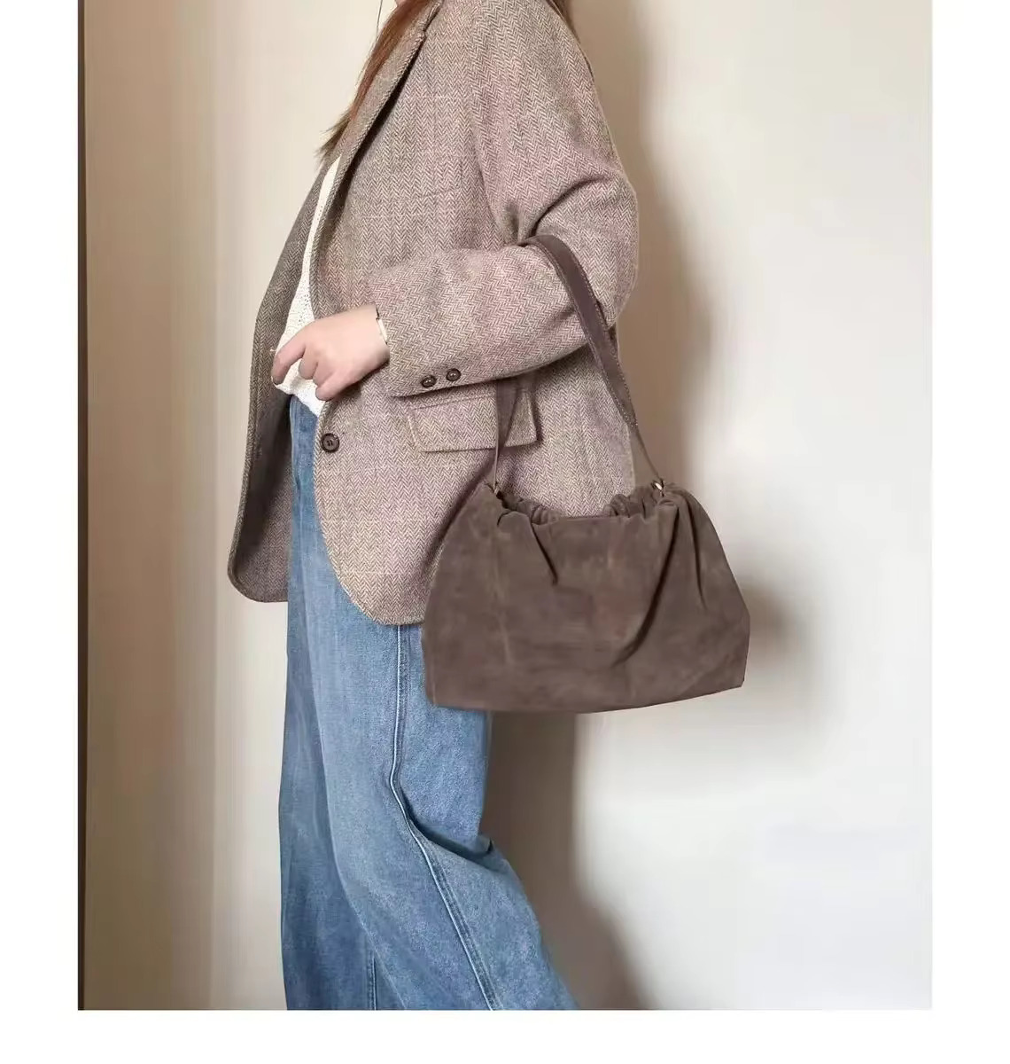 Ruched Korean Kakhi Coffee Designer Armpit Shoulder Bag 2 Straps Real Matte Suede Cow Leather Women Handbag Chamois Tote Suede Vintage BagVoyage