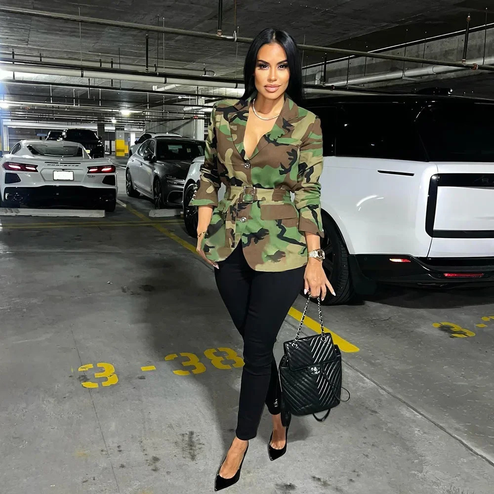 Womens OL Work Long Sleeve Notched Collar Street Trailblazer INS Camouflage Printed Belt Trailblazer Top Street Coat 250207