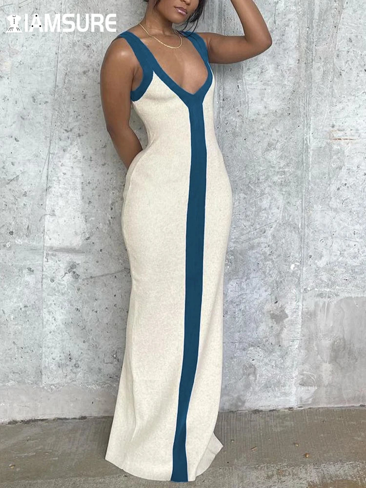 IAMSURE Holiday Sexy Contrast Color Striped Long Dress Slim Skinny VNeck Sleeveless Maxi Dresses For Women 2023 Summer Fashion 250110