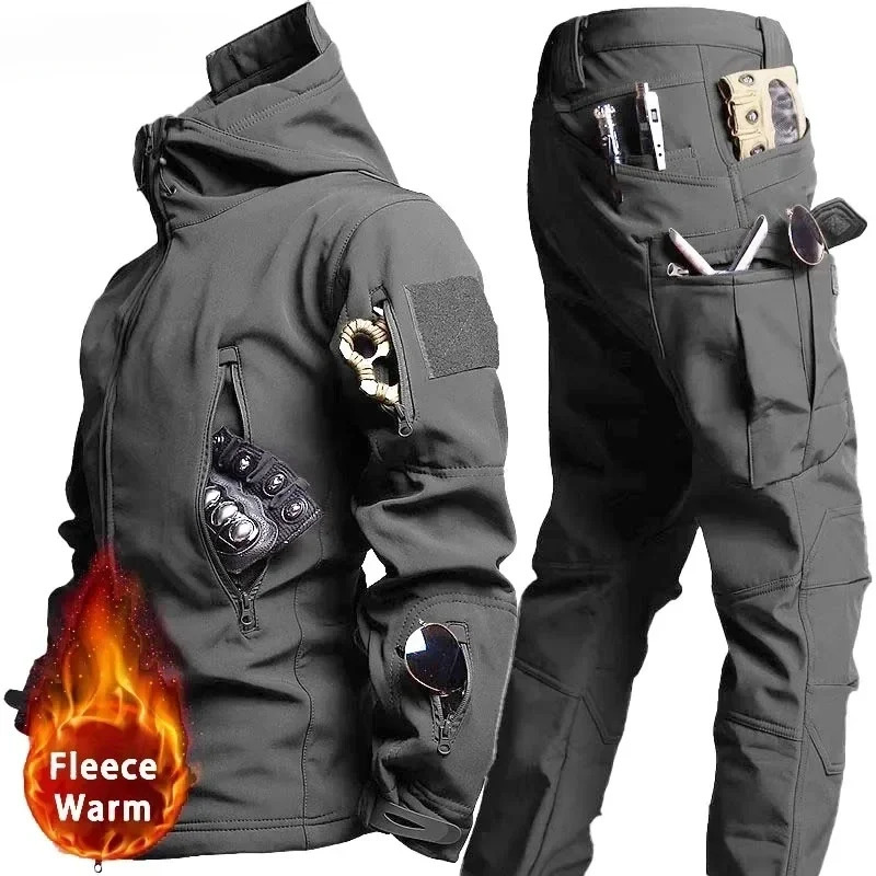 Tactical Waterproof Men Camo Set Soft Shell Fleece Winter Combat Suit Windbreak Warm Multi Pocket Outdoors Training Uniform 250207