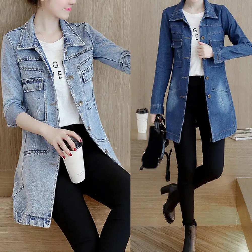 Fashion Single Breasted Long Denim Jacket Shrink Resistant Womens Irregular Hem for Vacation 250208Z