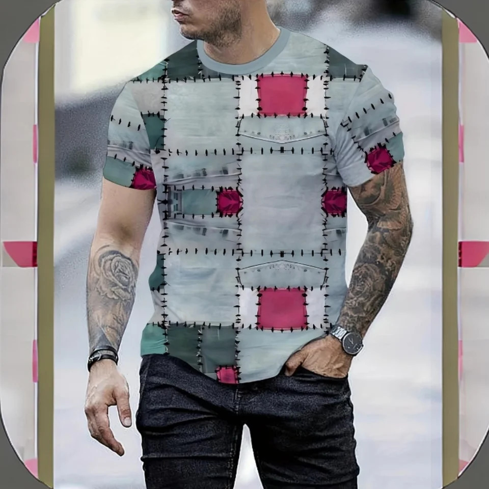 Vintage TShirt For Men Patchwork Denim Color Block Stitched Plaid Graphic T Shirts Short Sleeve Tee Oversized Clothing Tops 250207