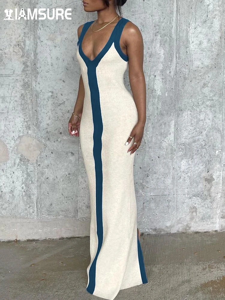 IAMSURE Holiday Sexy Contrast Color Striped Long Dress Slim Skinny VNeck Sleeveless Maxi Dresses For Women 2023 Summer Fashion 250110