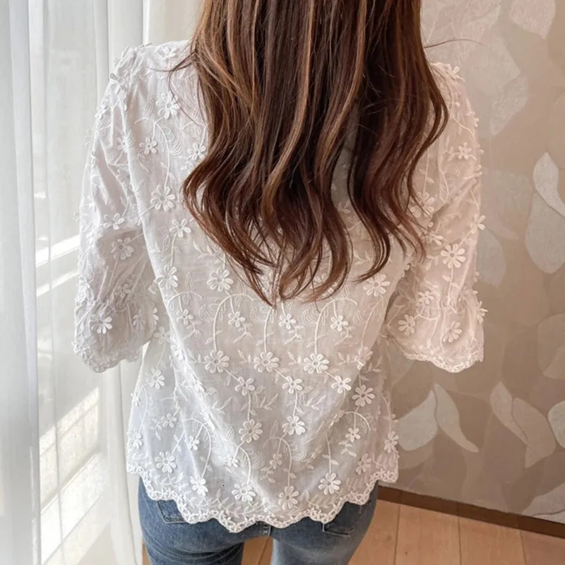 Womens Cotton Short Sleeve Lace Blouse Summer Tops Embroidery Floral White Shirt Fashion Casual Blouses 9638 250121