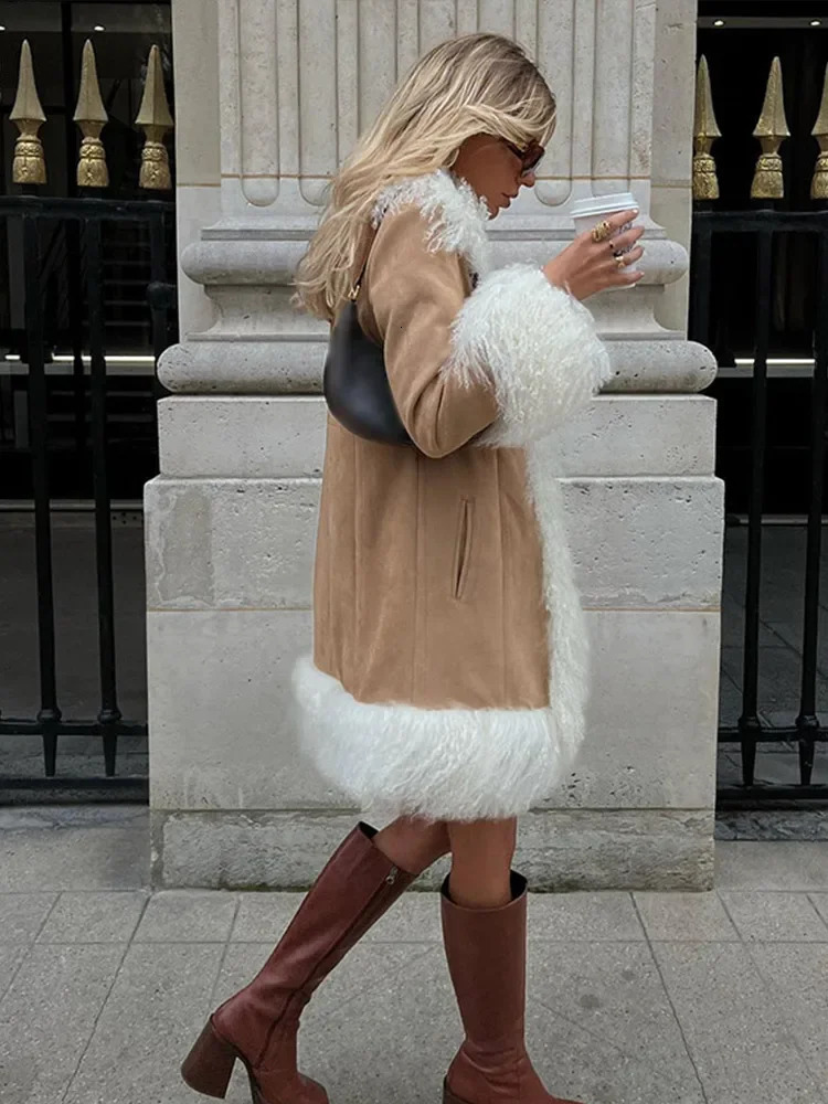 Fur Collar Thick Coat Leather Beach Wool MidLength Coats Thicken Velvet Cotton Overcoat Cardigan Padded Outwear Winter 250109Z