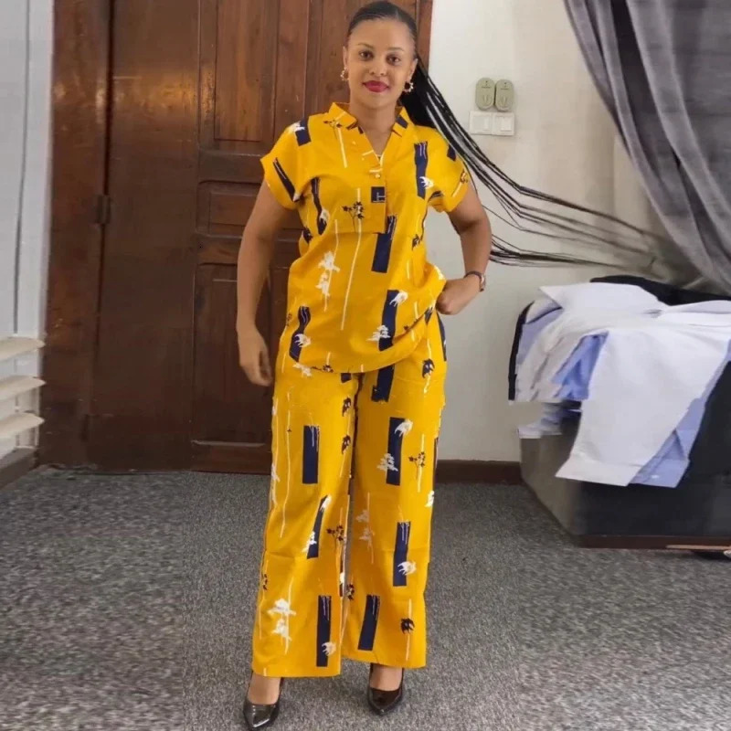 African Fashion Pants Set Women Blouse Straight Trousers Two Piece Set Woman Shirt Tracksuit Set Summer Top Matching Sets 250207