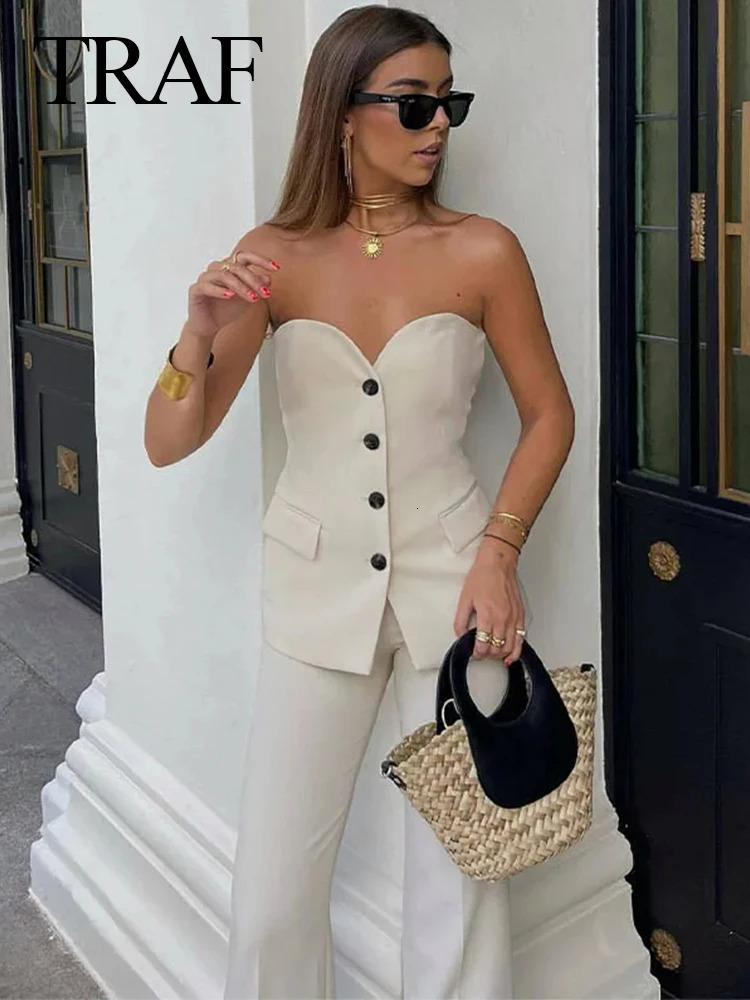 TRAF Women Fashion Solid Pant Suit Sleeveless Off Shoulder Single Breasted Tube TopSimple All-match Straight Trousers Set 250207