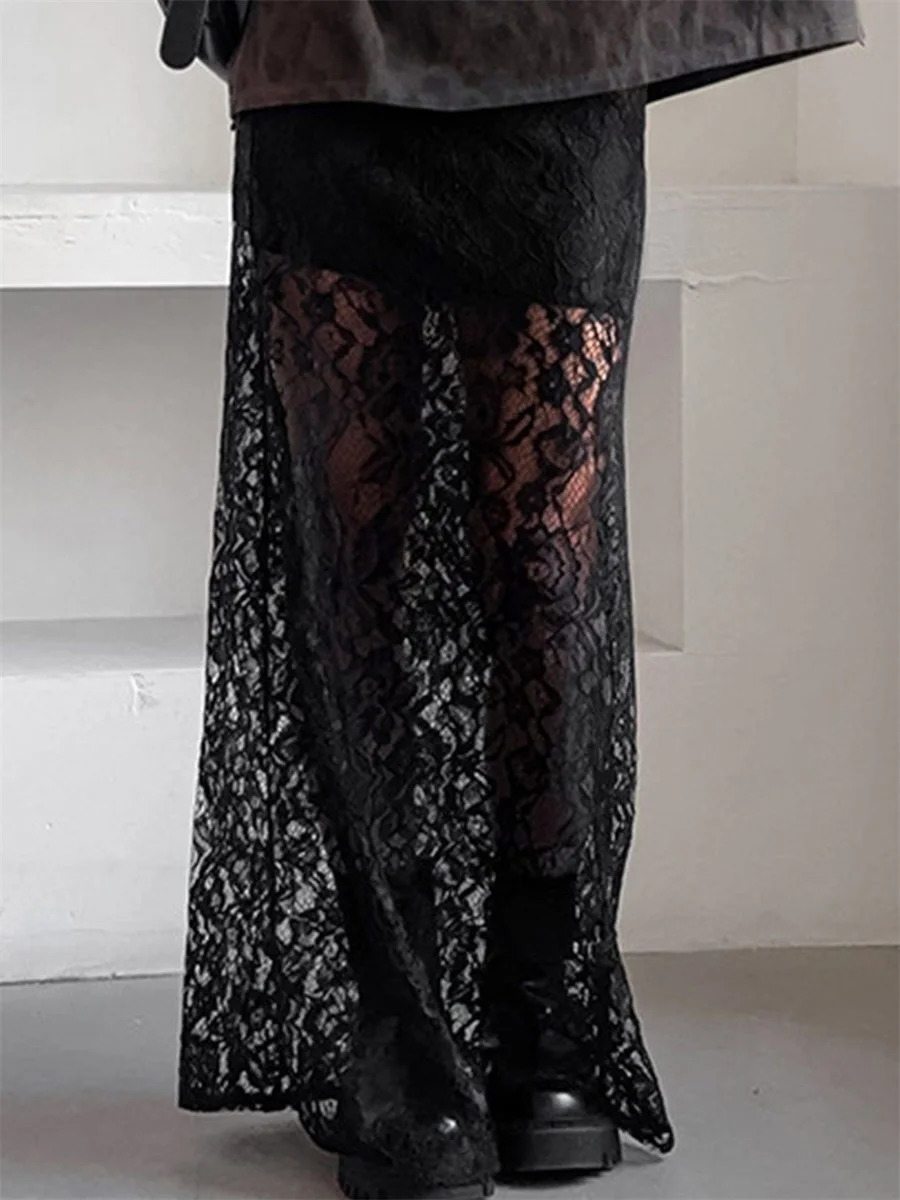 Womens Lace Patchwork Long Skirts Vintage High Waist Solid Color SeeThrough Maxi Slim Elegant Temperament 250208Z