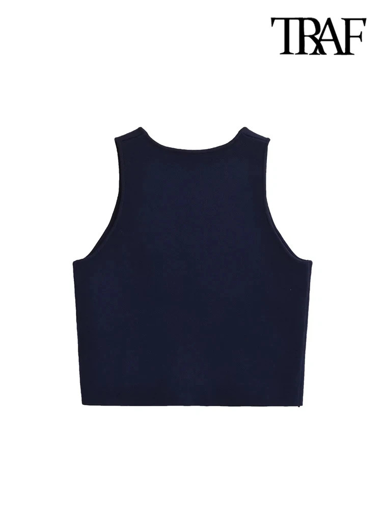 TRAFWomens Front Button Cropped Knit Vest Sweater V Neck Sleeveless Female Waistcoat Chic Tops Fashion 250207