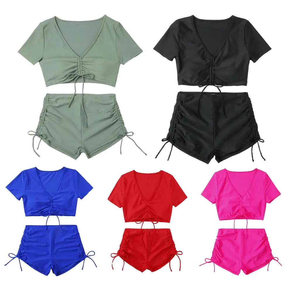 2Pcs/Set Summer Bikini Set V-Neck Short Sleeve Tops High Waist Drawstring Swimming Trunks Solid Color Quick Drying Swimsuit 250206