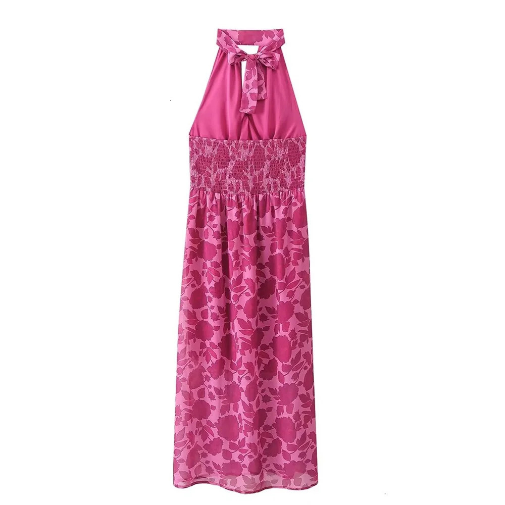 TRAF 2024 Summer Product Womens Stylish Sexy Open Back Sleeveless Hanging Neck Collar Slimming Printed Midi Dress 250207