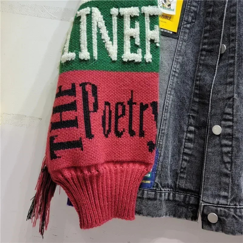 Alphabet badge denim coat knitted spliced sleeves sweater fringed jeans jacket street wear wool 250208Z