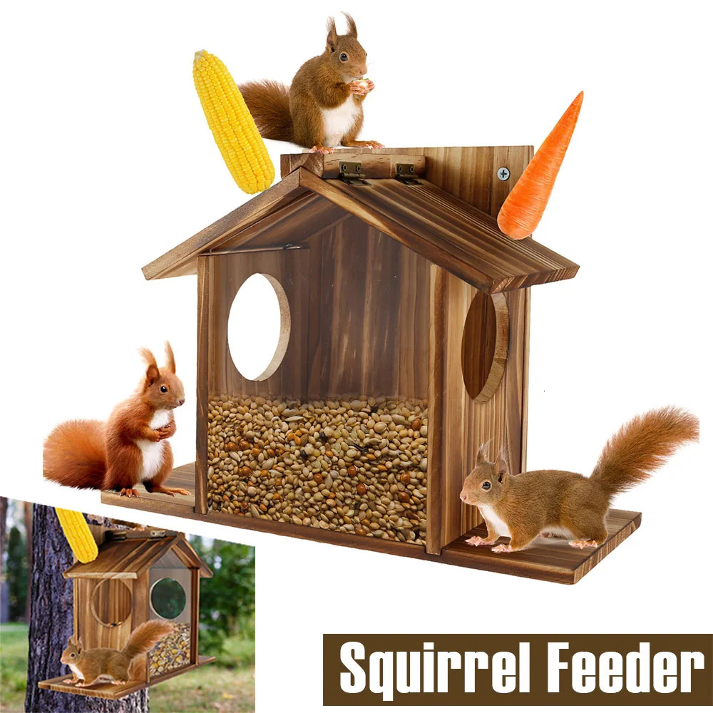 Wooden Squirrel Feeder Large Capacity Squirrel Feeder House with Roof Squirrel Feeding Stations Garden Decor for Corn 250207