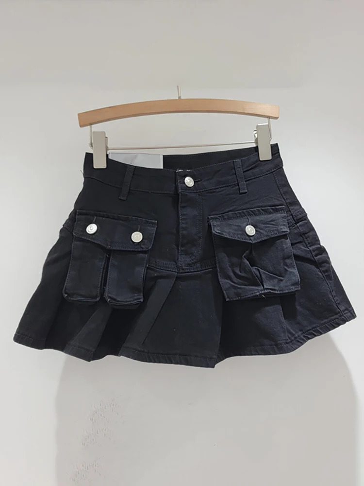 DEAT Womens Denim Skirts Patchwork Asymmetric Pockets Pleated A-line Short Cargo Miniskirt 2025 Spring Fashion 29L6949 250207