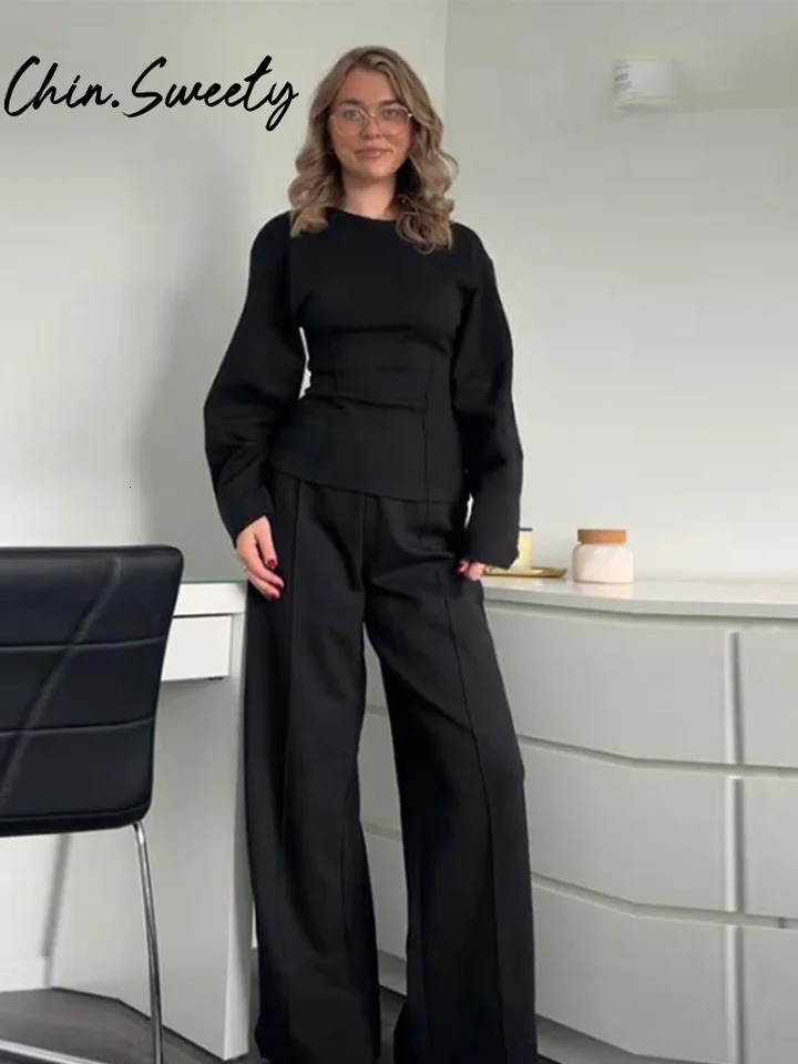 Casual Solid Top Pants Women Set Fashion Long Sleeve O-neck Pleated Tops Wide Leg Trousers Autumn Vacation Lady Suit 250207