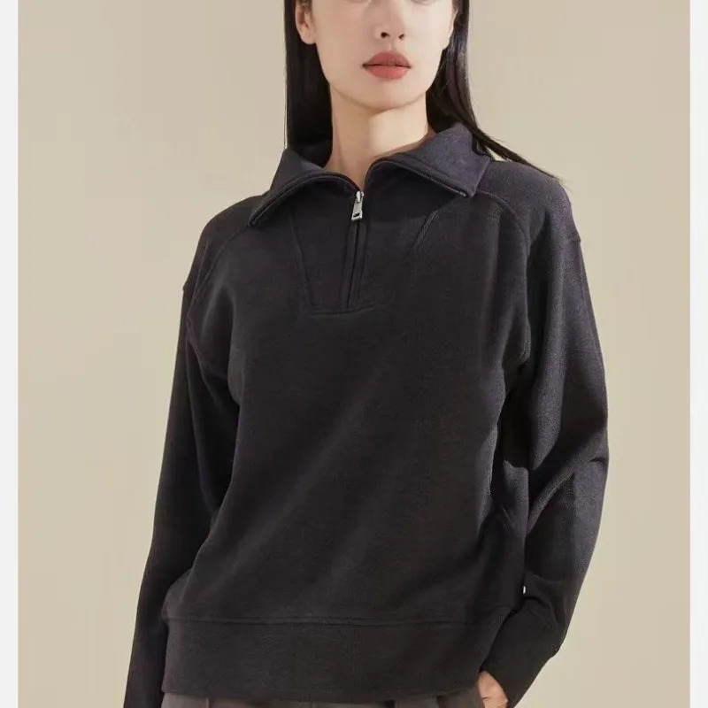 Mock Neck Thick Sweatshirt Autumn Winter Simplicity Solid Color Long Sleeve Tops Office Lady Allmatch Casual Zipper Coat 250207