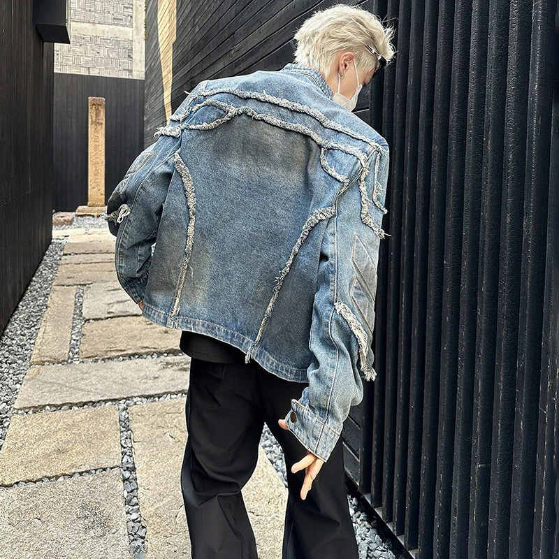 LUZHEN American Tassel Burr Shoulder Pad Motorcycle Jacket Wornout Personalized High Street Short Denim Top Men LZ8149 250207