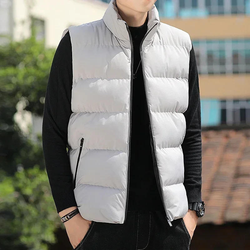 Vest Men Winter Thick CottonPadded Stand Collar Vests Solid Sleeveless Zipper Jacket Male Warm Waistcoat Gilet Veste Hommes 250110Z