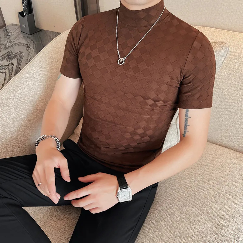 Summer checkered mens Tshirt fashionable clean suitable for short sleeves casual fully matched breathable high neck turtle 250207