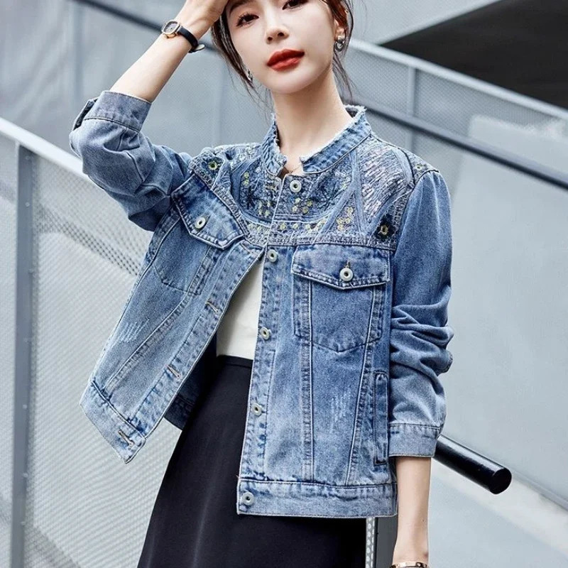 Spring Autumn Diamonds Denim Jacket for Women Crop Woman Jean Coat Short with Rhinestones Outerwear Patchwork Small Sequin Deals 250122