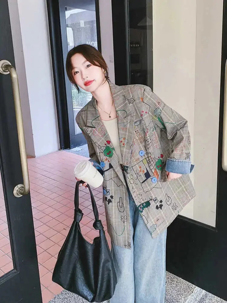 Grey checkered suit womens jacket spring/summer item double-layer corset collar loose casual graffiti print set 250207