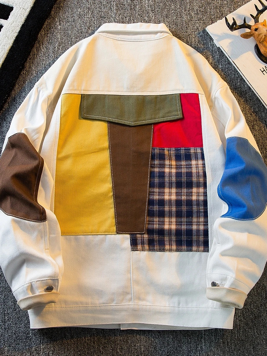 Color Patchwork Personalized Vintage White Denim Jacket Mens Casual Cargo Top Loose Fit American Style Spring Autumn Outerwear 250207