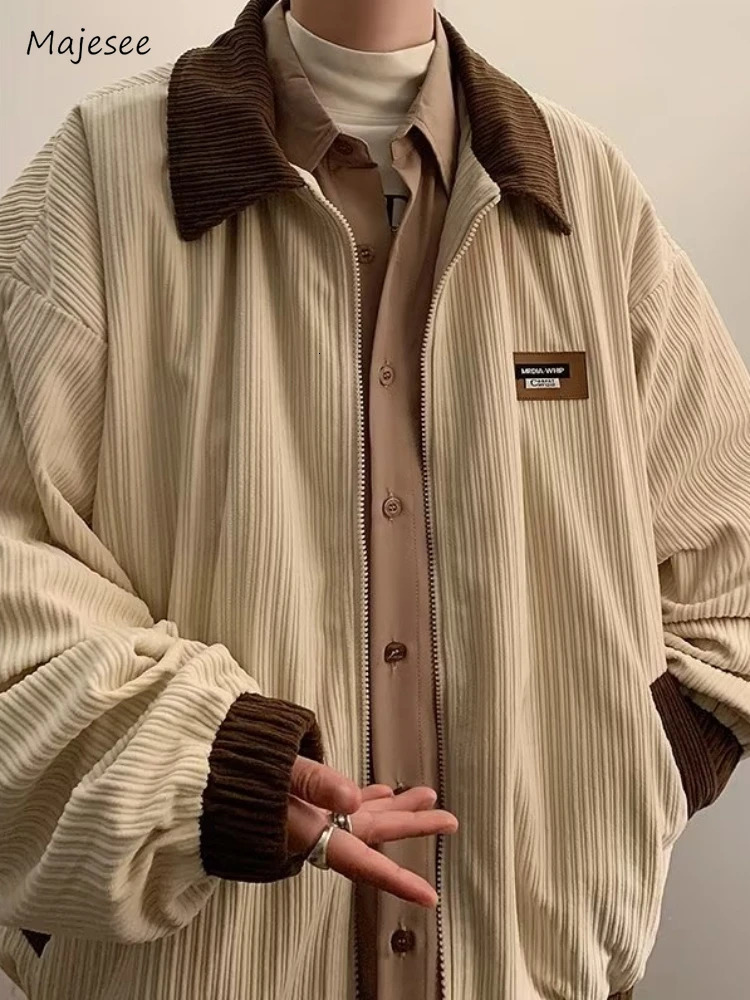 Mens Jackets Contrast Color Vintage Hong Kong Style Loose Leisure Allmatch Cozy Lapel Teens Streetwear Youthful Warm Classic 250208Z