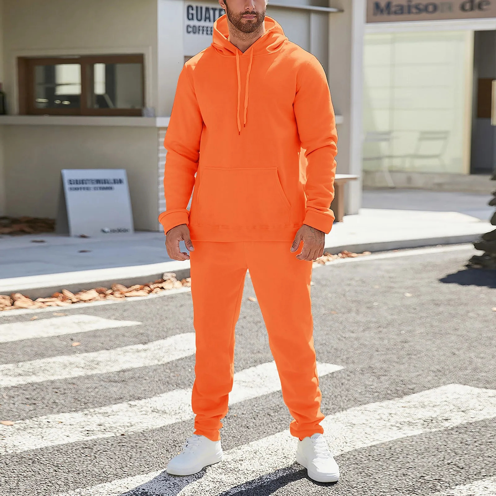 Mens Orange Tracksuit Set Solid Color Hoodies And Sweatpants 2 Piece Set Autumn Winter Sportswear Mens Jogging Gym Clothing 250208