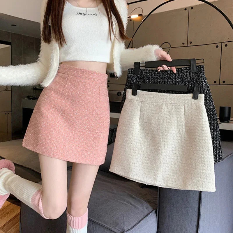 Korean high waisted coarse tweed skiing womens fashion restrained streetwear mini solid color fully matched Aline 250206Z