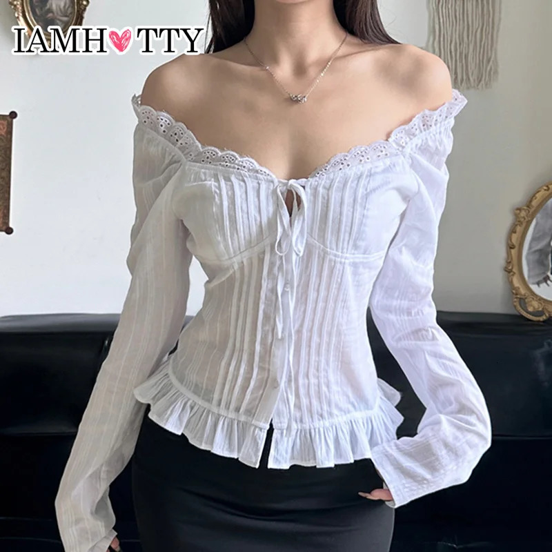 IAMTY Sweet Jacquard Ruffled Tie-up V-neck Shirt White Chic Elegant Button-up Long Sleeve Blouses Autumn Y2K Aesthetic Tops250207