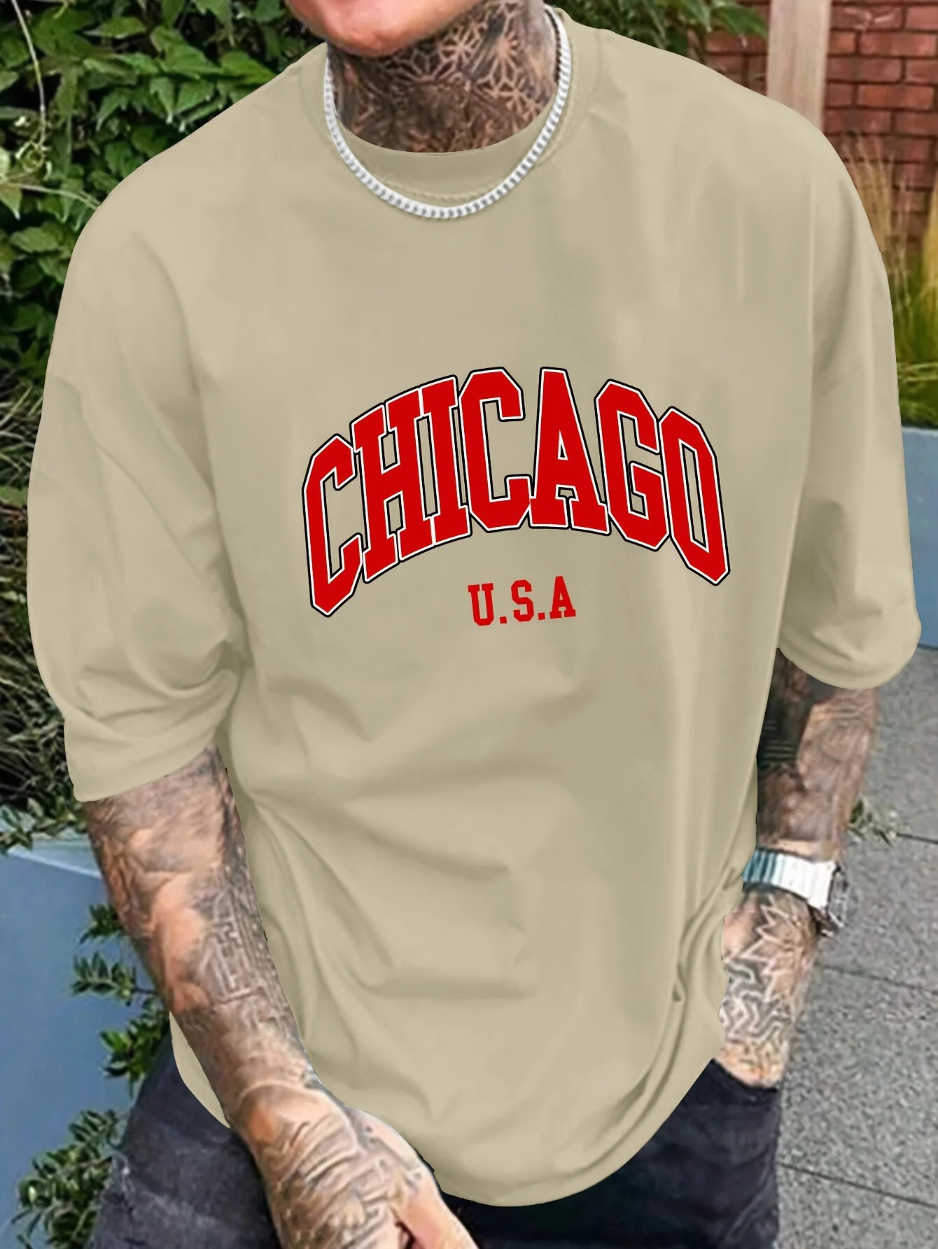 Summer mens 100 pure Polyester sports casual loose fit plus size Chicago USA printed round neck short sleeved Tshirt top 250210Z