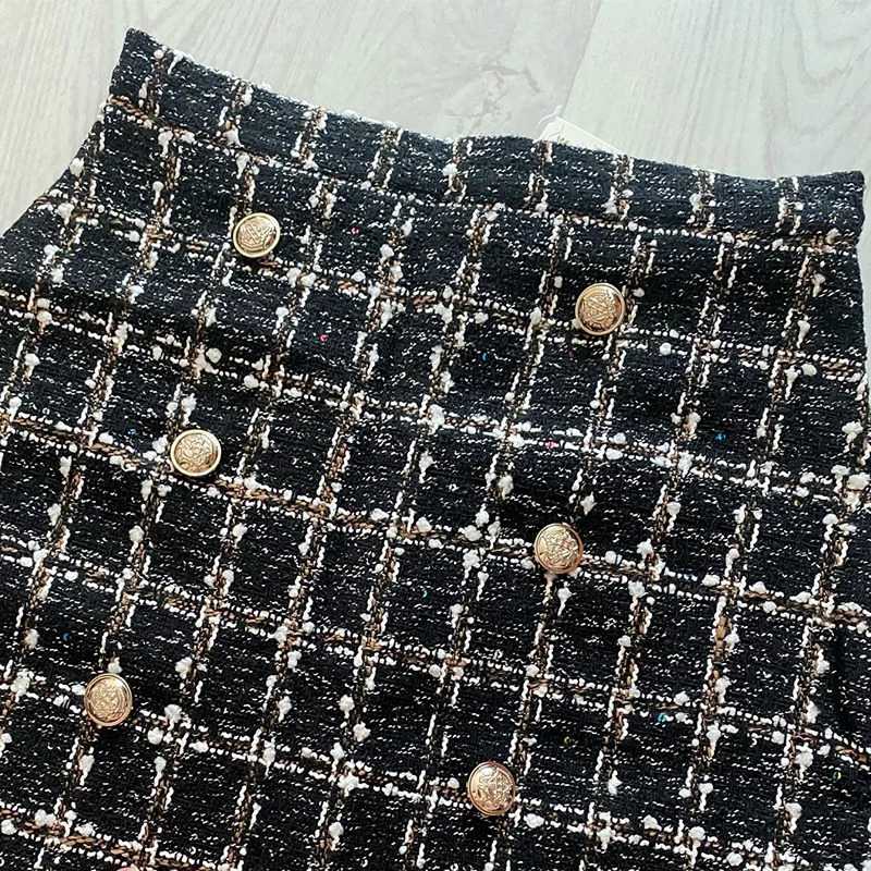 Womens Tweed Skirt with Front Gold Button Textured High Waist Glittery Mini Autumn Winter Classic Outfit 250206Z
