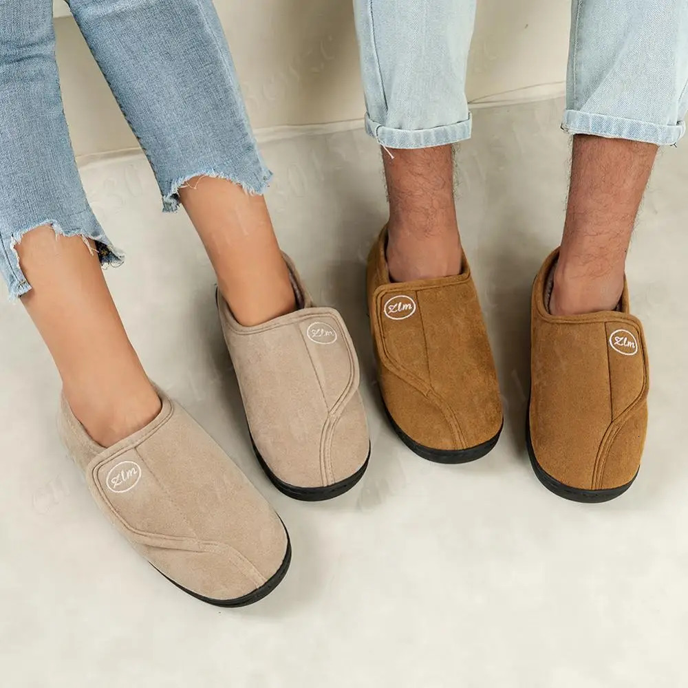 House Shoes for Men Suede Leather Slippers Non-Slip Slip-on Shoes Comfy Warm Plush Indoor/Outdoor for Diabetic Swollen Feet 250214