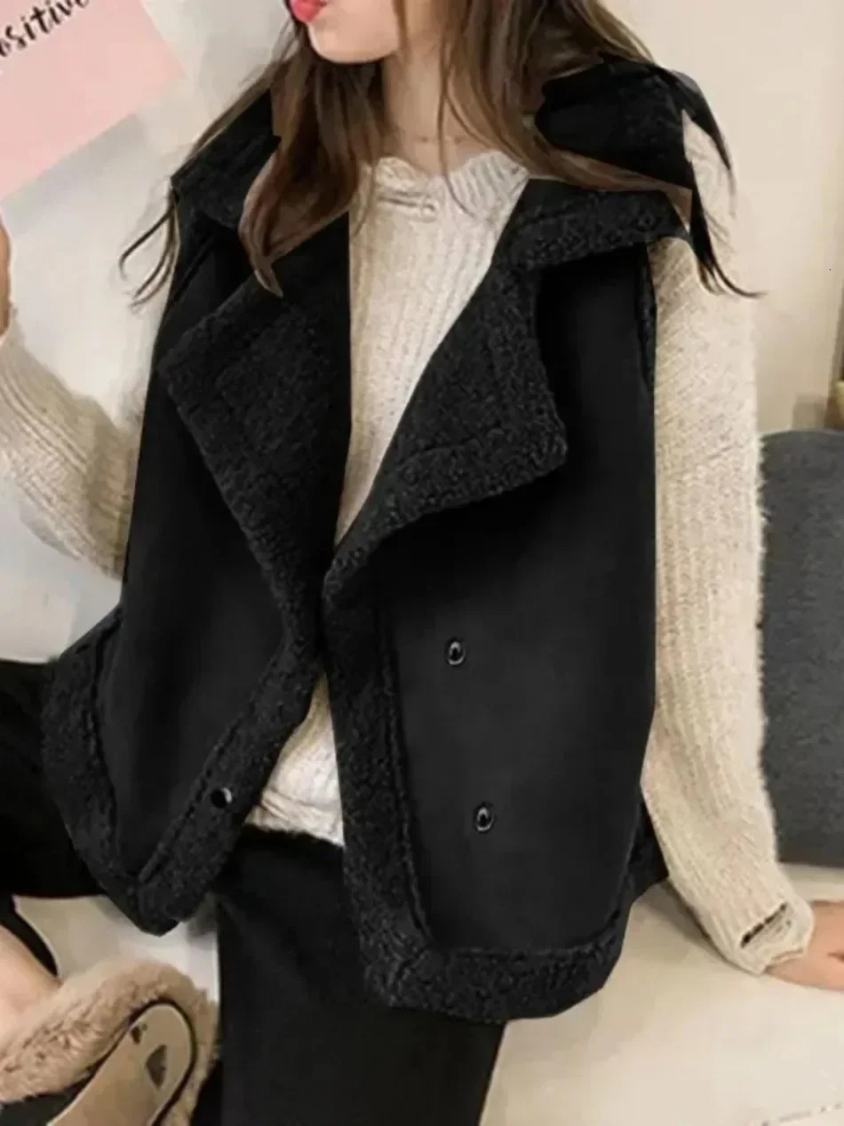 Women 2024 Autumn Winter Waistcoat Loose Outerwear Top Sleeveless Solid Color Jacket Female Leather Vest Coat 250113Z