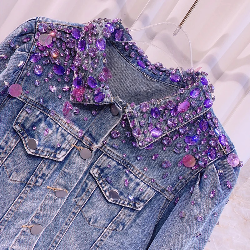 Harajuku Vintage Washed Blue Short Denim Jacket Beaded Diamond Sequins Lapel Long Sleeve Spring Autumn Women Casual Jeans Jacket 250122